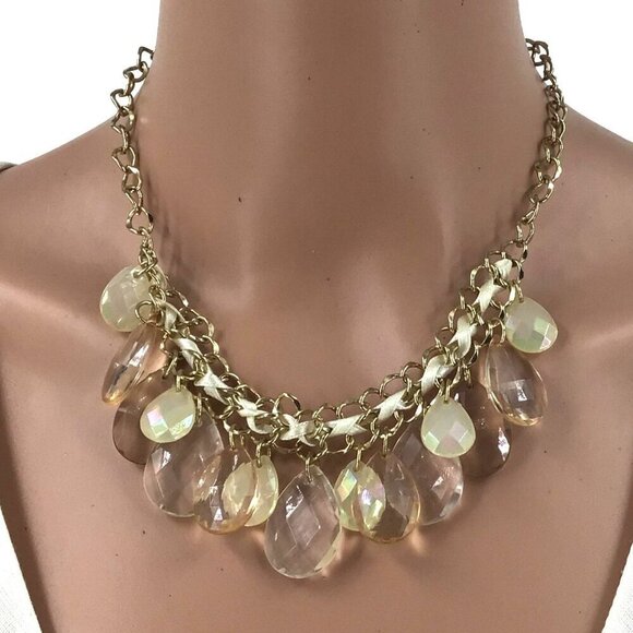 Statement Necklace Teardrop Fringe Gold Tone Adjustable Length Matching Earrings - Picture 1 of 2